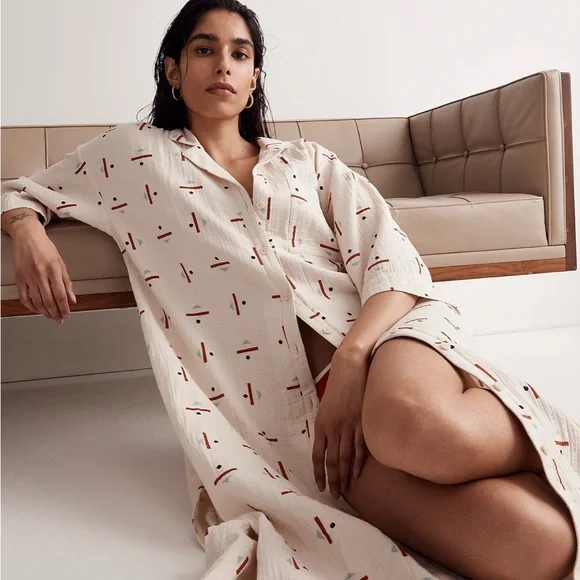 madewell cream dress Madewell Cream Maxi Dress with Red and Black Pattern